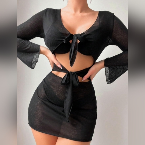 2/$50 NEW Women's Cutout Twisted Long Sleeved Bodycon‎ Cover Up Black-(#1,478) - Picture 2 of 6